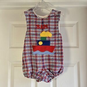 Kelly's Kids Monogrammed Sam Plaid Romper Boat Applique Size 3 Vintage One Piece